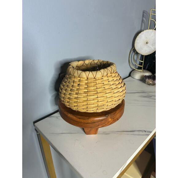 Handwoven Signed Basket by Joanne Brehmer Leather & Bead Accent Rustic Folk Art - Picture 5 of 6